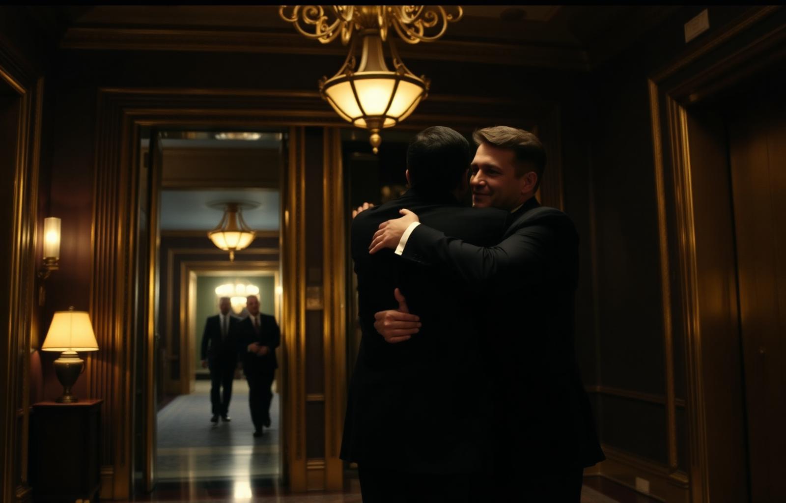 Signature arrest hug in a hotel lobby